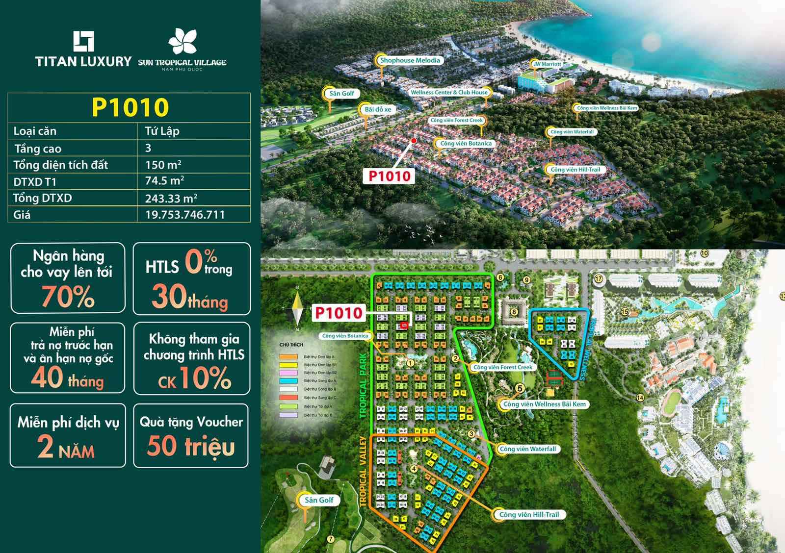 Bán biệt thự tứ lập Làng nhiệt đới Sun Tropical Village, P1010, diện tích 150m2 giá cực rẻ
