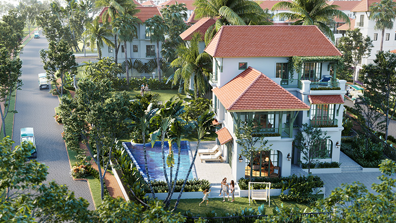 Khuôn viên sân vườn xanh mướt của biệt thự Sun Tropical Village.